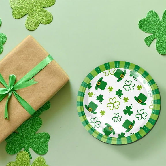 Honeeladyy St Patrick's Day Party Supplies Plates Napkins Green Irish Shamrock Paper Tableware Set St Patrick's Disposable Dinnerware Cups Forks Knives Spoons for 10 Guests