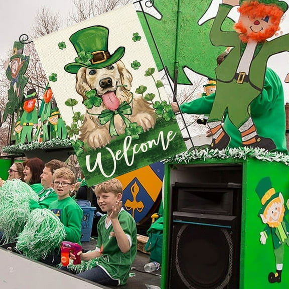 Honeeladyy St Patricks Day Garden Flag 12 x 18 Inch, Green Shamrocks Gnome Grass Graphic Double Sided Decorative Flag for Outside Yard Lawn Holiday Decoration