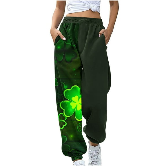 Honeeladyy St Patricks Day Pants for Women,Shamrock Elastic Waisted Baggy Sweatpant 2024 Jogger Lounge Trousers with Pockets Green M