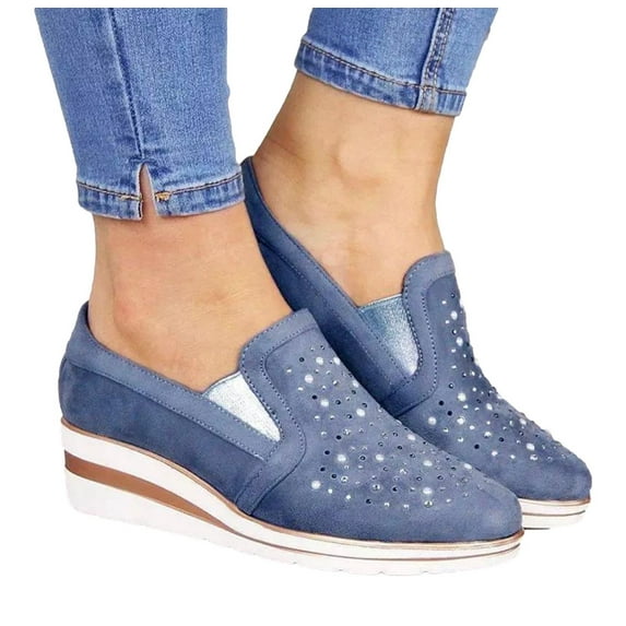 Honeeladyy Summer Casual Wedge Walking Shoes Women Rhinestone Breathable Plus Size Sneakers Blue Discount
