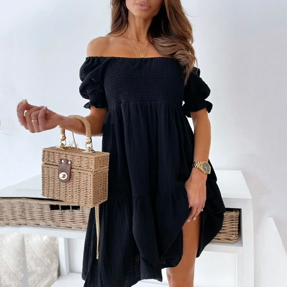 Honeeladyy Summer Dress for Women Plus Size Fashion Women's One Shoul Solid Color Loose Casual Backless Short Sleeve Dress