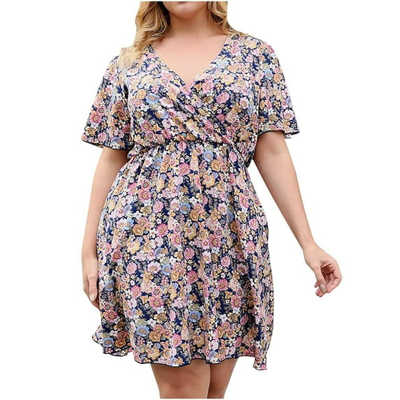 Honeeladyy Summer Dress for Women Plus Size Plus Size Fashion Women Summer Short Sleeve Attractive Casual V-Neck Floral Print Mini Dress