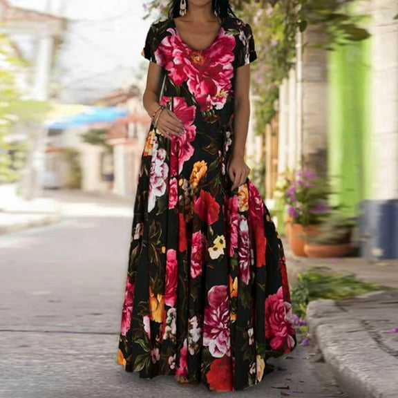 Honeeladyy Summer Dress for Women Plus Size Women Casual Summer Short Sleeve O-Neck Print Maxi Boho Ankle-Length Dress