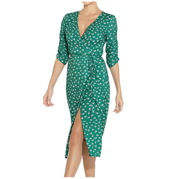 Honeeladyy Summer Dress for Women Plus Size Women Fashion Attractive Summer Casual Floral Print Short Sleeve V-Neck Mid-Calf Dress