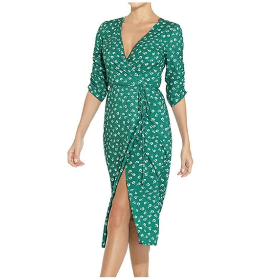 Honeeladyy Summer Dress for Women Plus Size Women Fashion Attractive Summer Casual Floral Print Short Sleeve V-Neck Mid-Calf Dress