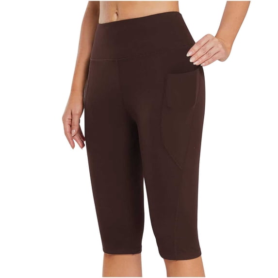 Honeeladyy Summer Fall Women's Knee Length Leggings High Waisted Yoga Workout Exercise Capris For Casual With Pockets