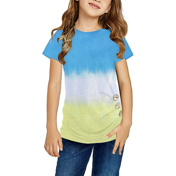 Honeeladyy Summer Girls Short-sleeved Color Tie-dye Pattern Round Neck T-shirt Tops For Kid girls summer clothes 4-16 clearance