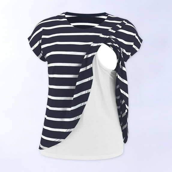 Honeeladyy Summer Maternity Clothes for Women Ladies Fashion Solid Color Stripe Print Short Sleeve Maternity Breastfeeding Clothe Top