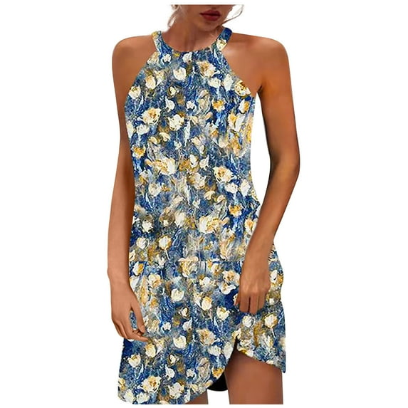 Honeeladyy Summer Midi Dresses for Women Hollow Out O Neck Sleeveless Print Dresses A Line Beach Dresses Light Blue XXXL