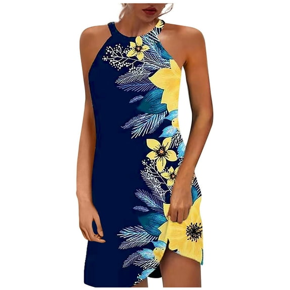 Honeeladyy Summer Midi Dresses for Women Hollow Out O Neck Sleeveless Print Dresses A Line Beach Dresses Yellow XXL