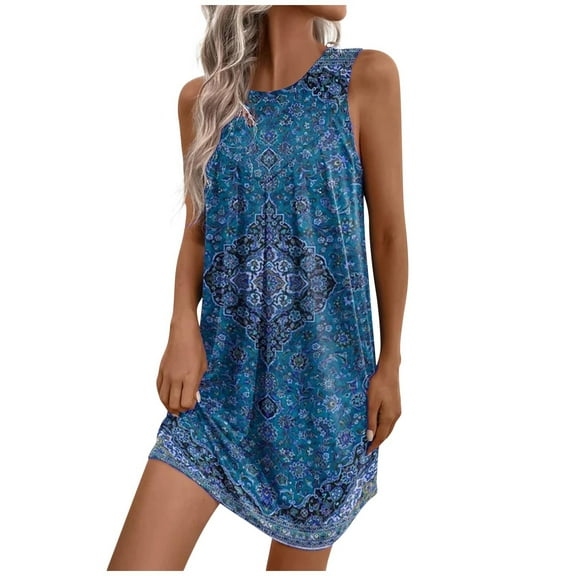 Honeeladyy Summer Midi Dresses for Women Vintage Print Sleeveless Dress Beach Flowy Tank Sundresse Blue L