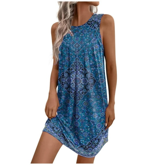 Honeeladyy Summer Midi Dresses for Women Vintage Print Sleeveless Dress Beach Flowy Tank Sundresse Blue XXL