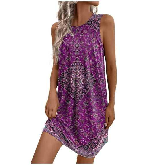 Honeeladyy Summer Midi Dresses for Women Vintage Print Sleeveless Dress Beach Flowy Tank Sundresse Purple XXL