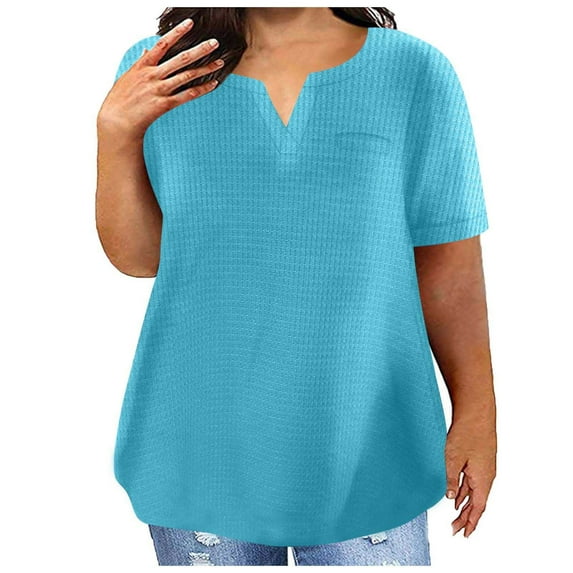 Honeeladyy Summer Plus Size Tops for Women Solid Color Short Sleeve V Neck Loose Tees Basic Comfy Soft Breathable Pullover Sky Blue L
