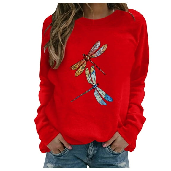 Honeeladyy Summer Sales Graphic Tees for Women Long Sleeve Funny Two Dragonfly Print Fall Cute Casual Pullover T Shirt Tops for Teen Girls Red