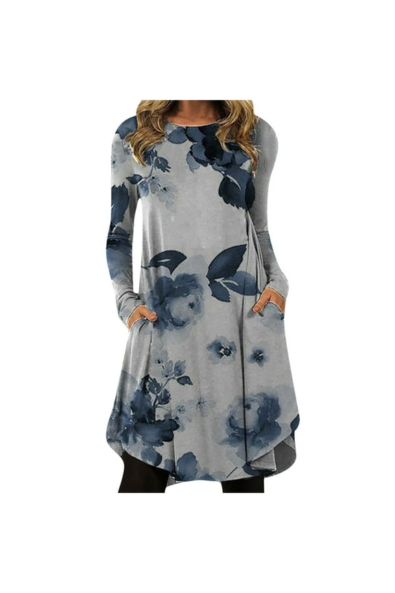 Summer Sales Long Sleeve tie dye Dress for Women Maxi Loose Round Neck Vintage Floral Print Swing Pockets Dress Plus Size Sundress Blue
