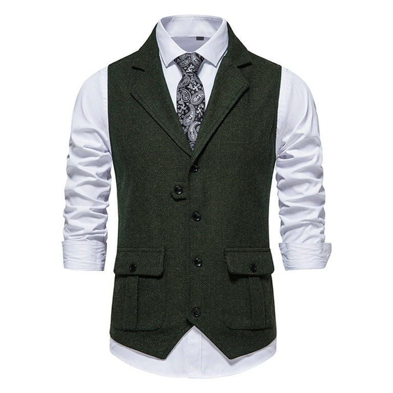 Honeeladyy Summer Sales Men s Suit Vest Western Herringbone Tweed Suit Vest Business Waistcoat Slim Fit Wedding V Neck Waistcoat with Pockets Green