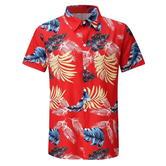 Honeeladyy Summer Sales Men's Tropical Short Sleeve T Shirt Palm Leaves Print Beach Aloha Hawaiian Shirt Casual Button Down Graphic Tees Tops Yellow