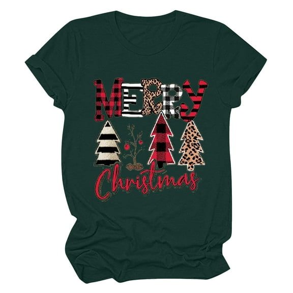 Honeeladyy Summer Sales Merry Christmas Shirt for Women Letter Pattern Cute T-Shirt Leopard Plaid Tree Casual Graphic Print Funny Crewneck Tees Tops Green