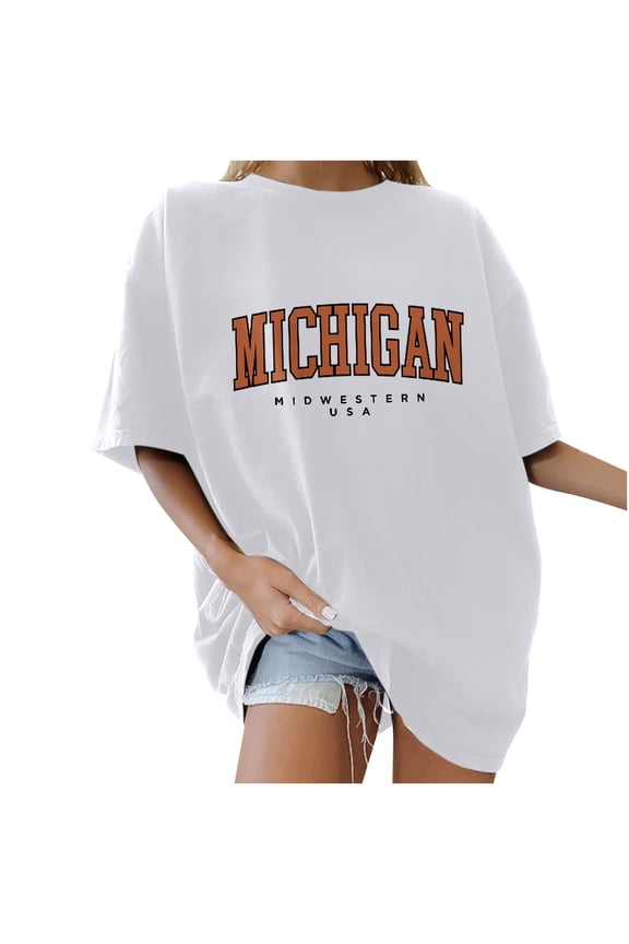 Summer Sales Michigan Midwestern USA Letter T Shirt Women's Summer Oversized Graphic Tees Casual Loose Short Sleeve Crew Neck Tops White