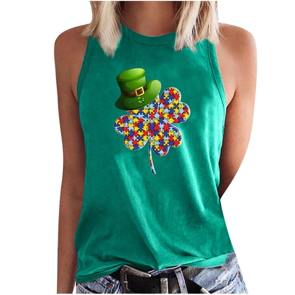 Honeeladyy Summer Sales Sleeveless Tank Tops for Women St. Patrick's Day Colorful Puzzle Shamrock Print Tee Holiday Tops Summer Casual Vest Gre