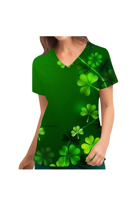 Summer Sales St. Patrick's Day Nursing Uniform for Women Green Hat Clover Printing T-Shirt V Neck Working Short Sleeve Tee Shirt