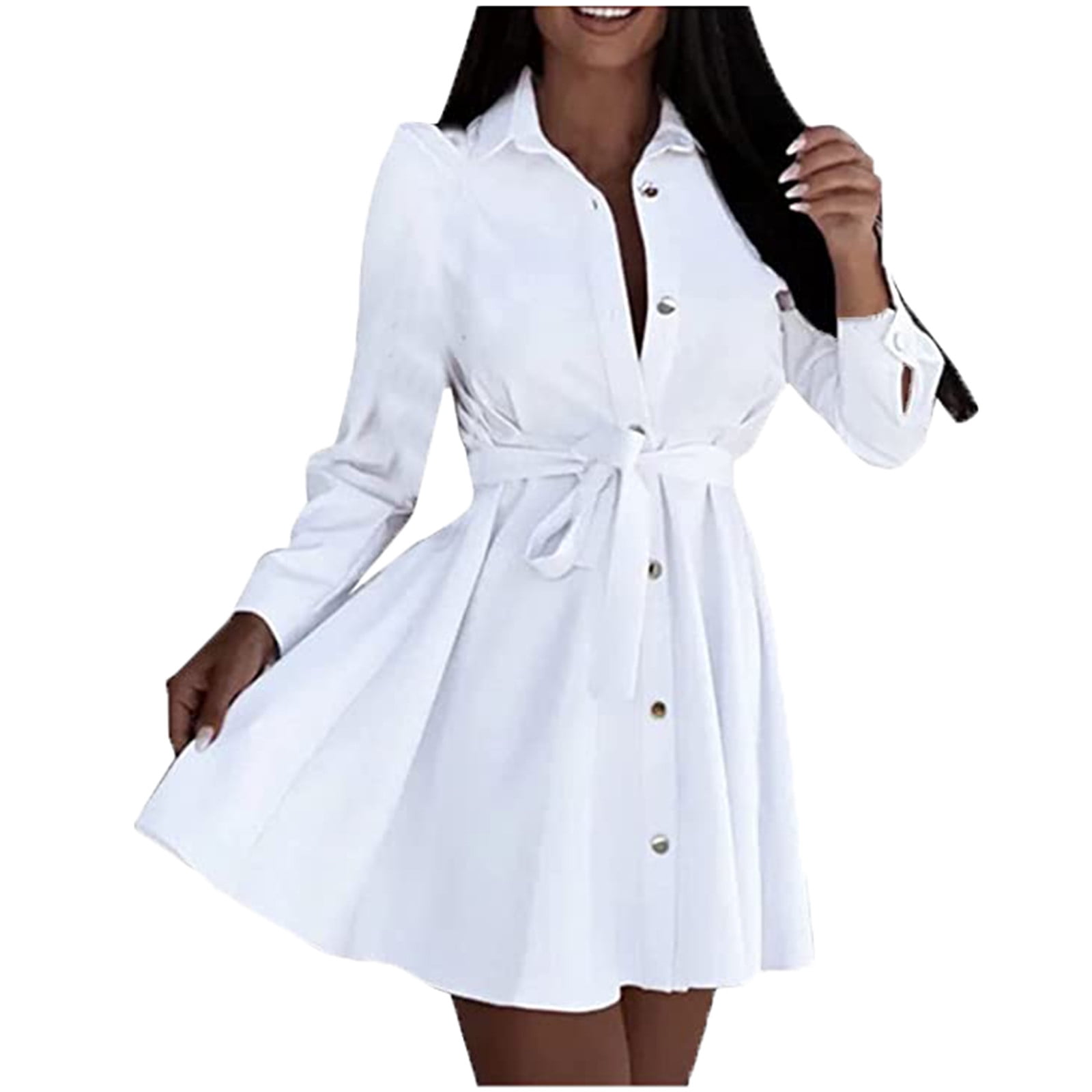 Honeeladyy Savings Women's Lace-up Pleated Dress Long Sleeve Mini T Shirt  Dress Lapel Collar Button Flared Short Dresses Elegant Solid Dress White -  Walmart.com