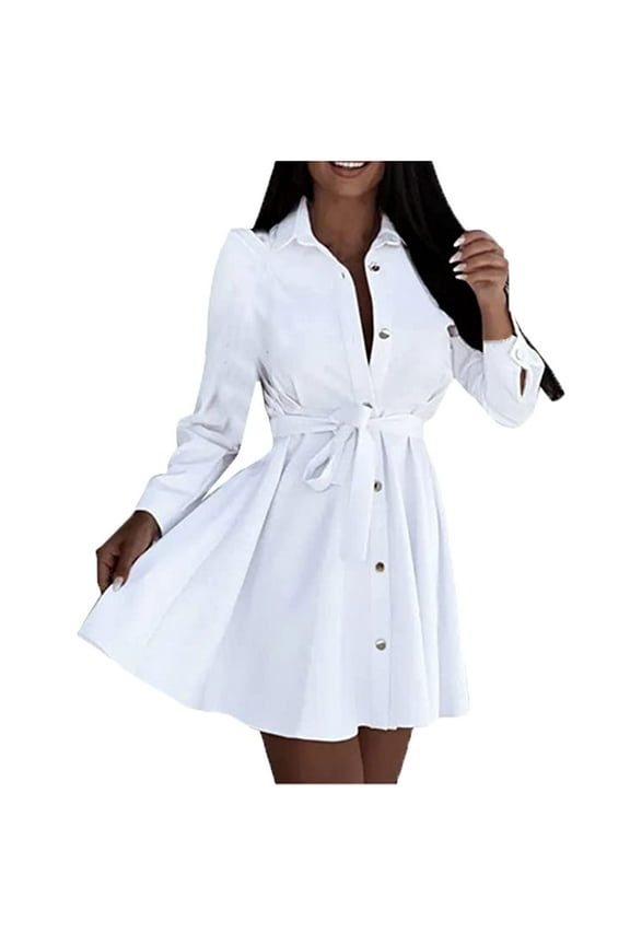 Summer Sales Women's Lace-up Pleated Dress Long Sleeve Mini T Shirt Dress Lapel Collar Button Flared Short Dresses Elegant Solid Dress White