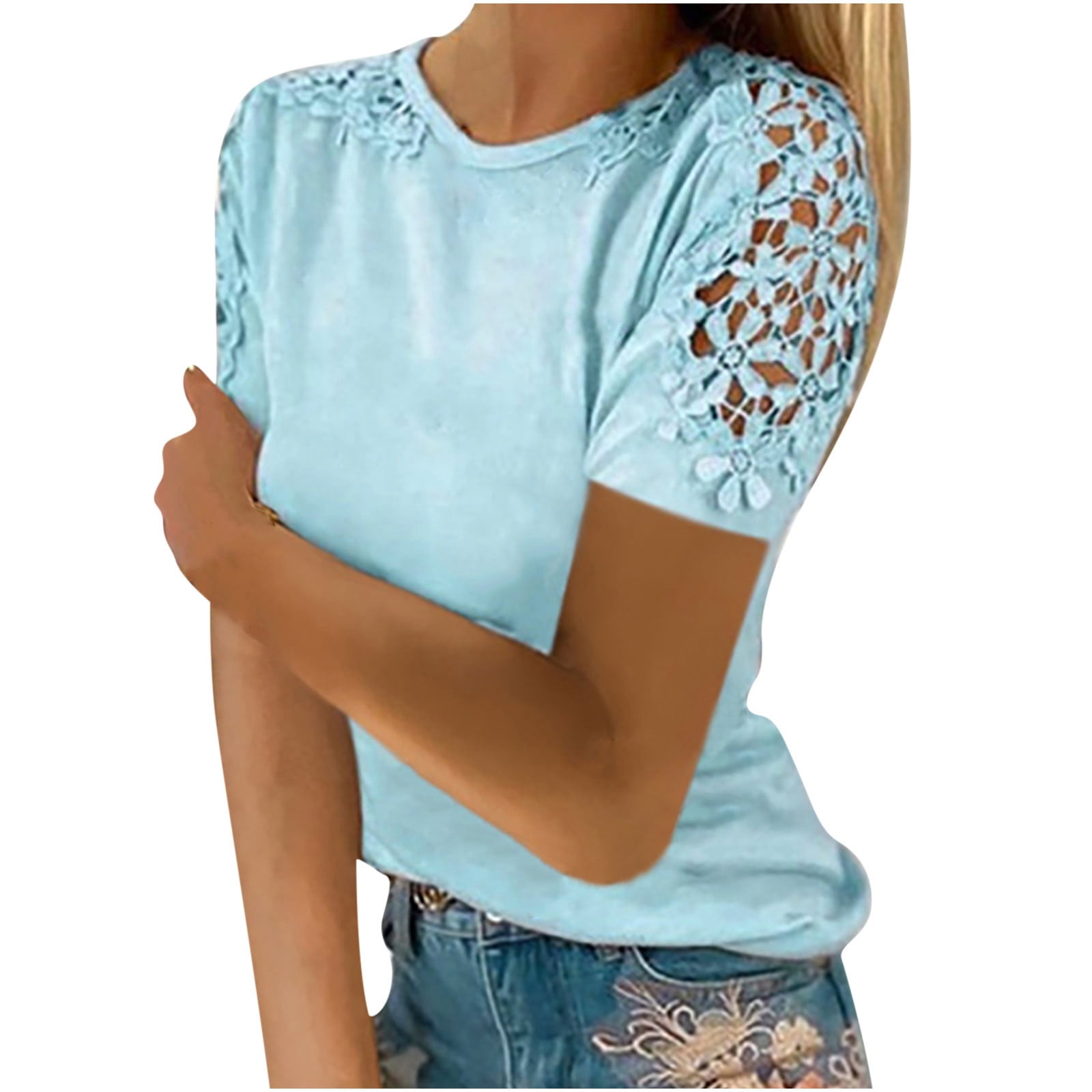 Cotton Short sleeve Round neck Patchwork Embroidery T-shirt Cotton Short sleeve Round neck Patchwork Embroidery T-shirt