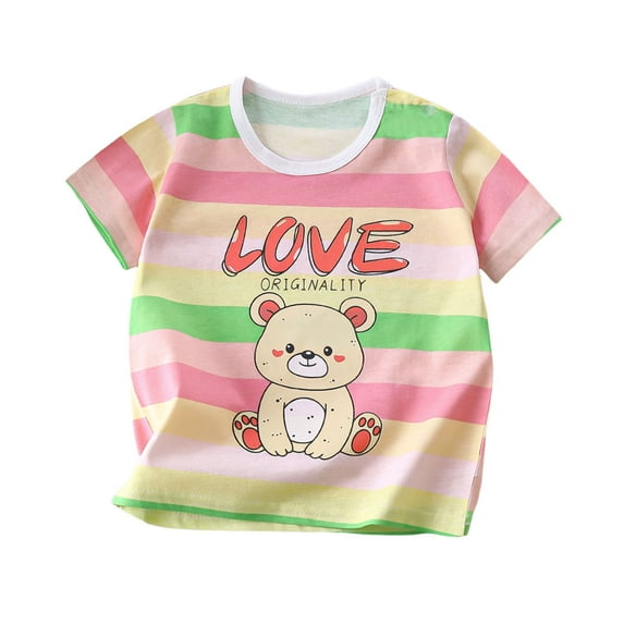 Honeeladyy Summer Savings Clearance Summer Printed Round Neck Short Sleeved Top For Children Boys And Girls for Outdoor Activities(Pink,5-6 Years)