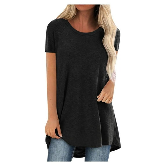 Honeeladyy Summer T Shirts for Women Crew Neck Short Sleeve Tunic Tops Casual Solid Color Curved Hem Soft Tees Gift for Wife Black