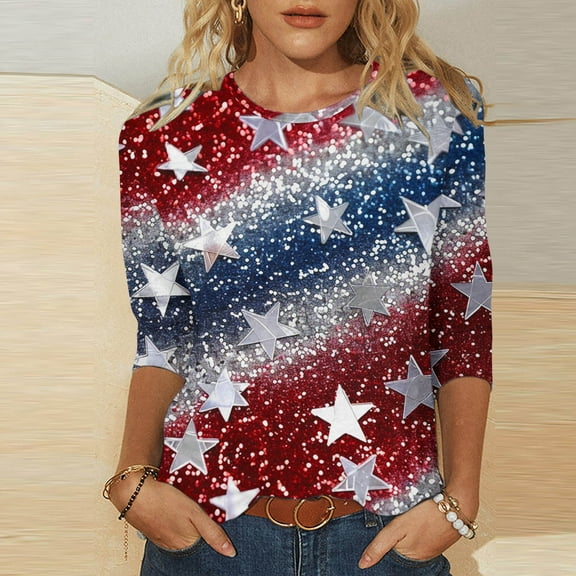 Honeeladyy Summer Tops for Women's Fashion Independence Day Printed T-shirt 3/4 Sleeves Blouse Round Neck Casual Tops for Party Club(Light Blue,2XL)