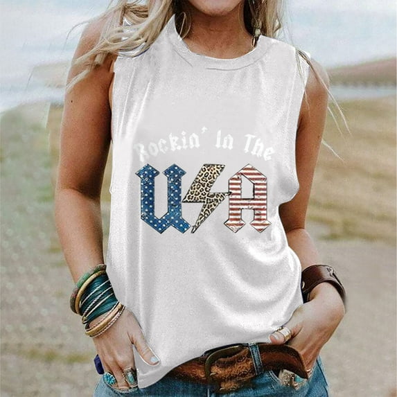 Honeeladyy Summer Women American Flag Tank Tops USA Flag Stars Stripes Printed Sleeveless T-Shirt Tee Tops summer tops for women plus