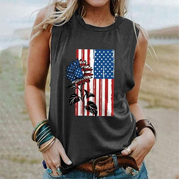 Honeeladyy Summer Women American Flag Tank Tops USA Flag Stars Stripes Printed Sleeveless T-Shirt Tee Tops