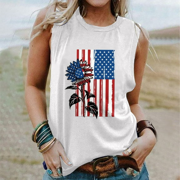 Honeeladyy Summer Women American Flag Tank Tops USA Flag Stars Stripes Printed Sleeveless T-Shirt Tee Tops
