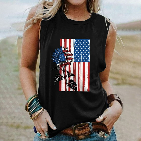 Honeeladyy Summer Women American Flag Tank Tops USA Flag Stars Stripes Printed Sleeveless T-Shirt Tee Tops