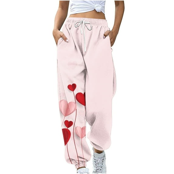 Honeeladyy Sweatpants Women with Pockets High Waisted Baggy Bottoms Fall Printed Jogger Pants Trendy Lounge Trousers with Pockets Gifts for Mom Pink S