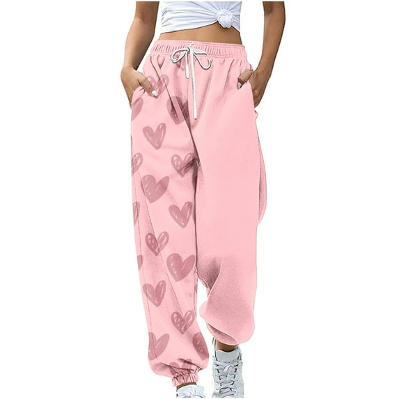 Honeeladyy Sweatpants for Women Heart Print Sweatpants Casual Drawstring Elastic Waist Pants with Pocket Gift for Wife Pink L