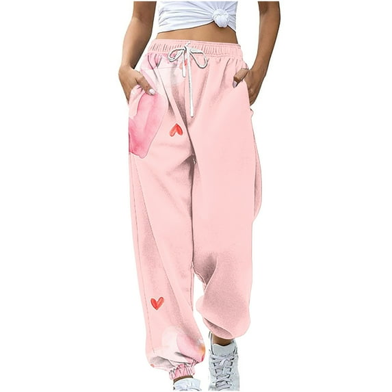 Honeeladyy Sweatpants for Women Heart Print Sweatpants Casual Drawstring Elastic Waist Pants with Pocket Gifts for Mom Pink XL