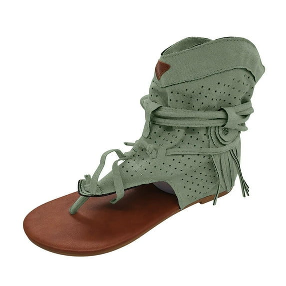 Honeeladyy Tassel Sandals for Women,Retro Fringe Casual Sandals Flat Clip Toe Ankle Boots Beach Shoes T Strap Roman Open Toe Sandals Birthday Gifts for Mom Green Size 39