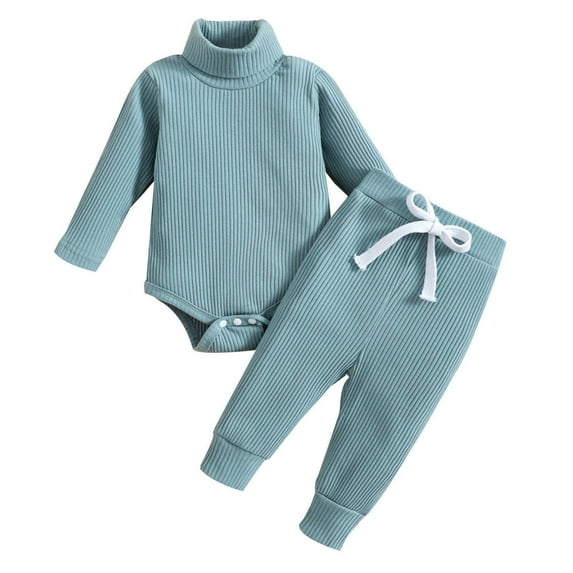 Honeeladyy Toddler Baby Boys Girls Fall Outfits Long Sleeve Pullover Sweatshirt Elastic Waist Pants 2Pcs Solid Clothes Set Childrens Day Gifts for Kids Blue for 0-3Months