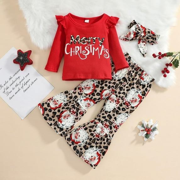 Honeeladyy Toddler Baby Girl Christmas Outfit Letter Print Long Sleeve Sweatshirt Flare Pants Set for Spring Fall Clothing Set Christmas Gift Red 3-4Years