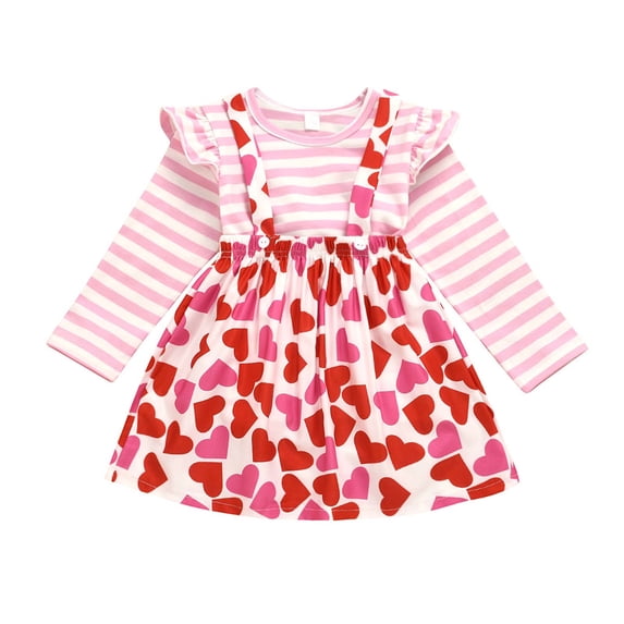 Honeeladyy Toddler Baby Girls Skirt Outfit,Valentines Day Ruffle Sleeve Stripes Shirt Tops with Suspender Strap Heart Print Skirt Spring Clothing Set Visiting Gift Pink 3-4Years