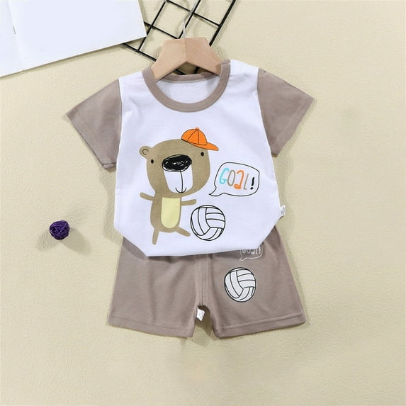 Honeeladyy Toddler Boys Girls Summer Cute Shorts Set Crew Neck Short Sleeve Printed Tops with Shorts Casual Outfits Coffee 4-5 Years