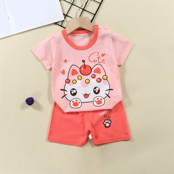 Honeeladyy Toddler Boys Girls Summer Cute Shorts Set Crew Neck Short Sleeve Printed Tops with Shorts Casual Outfits Pink 9-18 Months