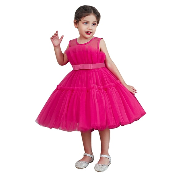 Honeeladyy Toddler Girls Net Yarn Embroidery Rhinestone Bowknot Birthday Party Gown Long Dresses Children's Host Dresses