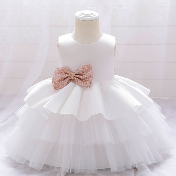Honeeladyy Toddler Girls Princess Dresses Net Yarn Bowknot Birthday Party Gown Long Dresses Headband Suit Children's Host Dresses