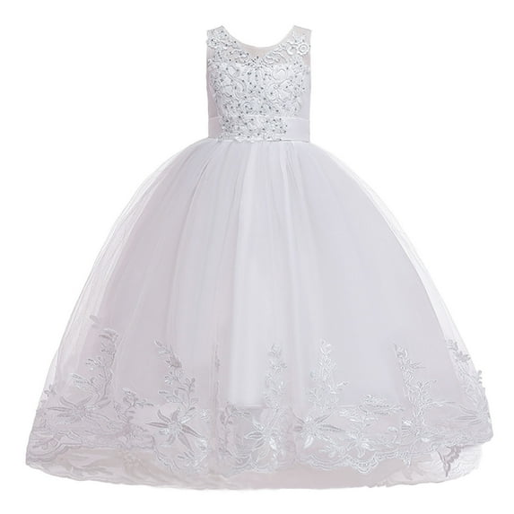 Honeeladyy Toddler Girls Princess Dresses Net Yarn Embroidery Rhinestone Bowknot Birthday Party Gown Long Dresses Flower Girl Dresses