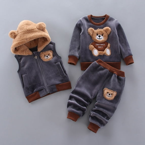 Honeeladyy Toddlers Girls Three Piece Outfit,Fleece Hooded Zipper Vest Coat Print Long-Sleeve Sweatshirt with Pant Baby Winter Warm Set Birthday Gift Dark Gray 2-3Years