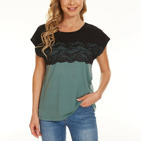 Honeeladyy Tops Clearance Women's Plus-Size Fashion Women's Summer O-Neck Lace Patchwork Short Sleeve Attractive Top Blouse